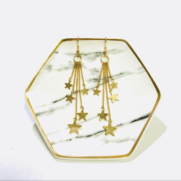 FALLING STARS GOLD MULTI DANGLE CHAIN EARRINGS 3” - Picture 2 of 5